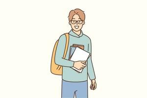 Young guy student with books and backpack is preparing for hike from campus to college or university. Student or schoolboy student in high school ready for exams smiling and looking at camera vector