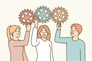 Business people with gears symbolize collaboration between company employees for successful implementation KPI. Men and women jointly participate in business process cooperating for effective teamwork vector