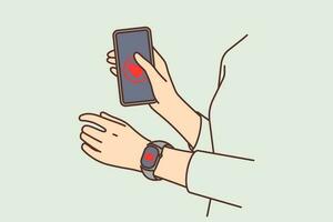 Hands of person with smartphone and fitness bracelet with picture of heart to track pulse and load on cardio system during workout. Gadgets for people involved in cardio sports and fitness vector