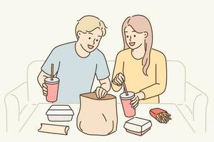 Man and woman have lunch sitting at table enjoy takeout food delivered by courier from restaurant. Guy and girl consume fast food and cold drinks, not wanting to spend time preparing dinner vector