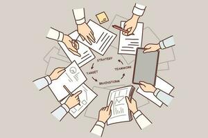 Hands of people over table with documents doing teamwork and strategizing during brainstorming, top view. Teamwork company employees considering plan to increase financial profit or marketing strategy vector