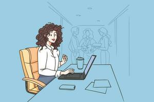 Working in office and businesswoman concept. Smiling curly Attractive confident businesswoman sitting in office at table with group of colleagues talking at background vector illustration