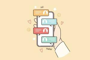 móvil teléfono con mensajes en manos de persona utilizando social redes a corresponder con amigo y comunicar con colegas. teléfono inteligente con SMS o correo electrónico mensajes desde Fechado sitios o Mensajero aplicación vector