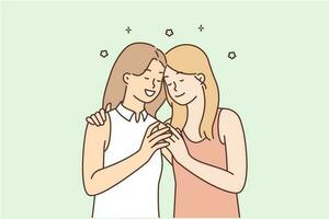 Loving lesbian couple of two women gently hugging and enjoying romantic relationships and dates. Lesbian girlfriends for concept of LGBT tolerance for non-traditional sexual orientation vector