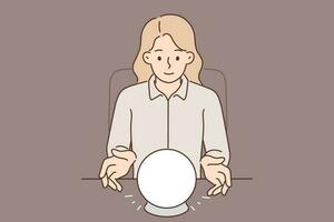 Woman uses crystal ball to predict future during seance and provide psychic services. Girl with crystal ball sits at table doing esoteric or spiritual practices to communicate with spirits vector