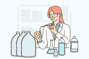 Woman laboratory assistant tests quality of water for presence of microbes and harmful impurities. Professional laboratory specialist conducts chemical analysis for scientific experiment vector