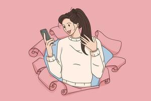 Online communication and chatting concept. Young pretty brunette woman cartoon character standing with smartphone and chatting online typing message vector illustration