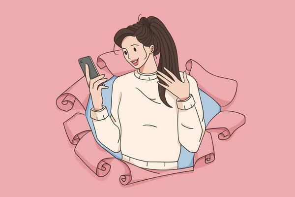 Online communication and chatting concept. Young pretty brunette woman cartoon character standing with smartphone and chatting online typing message vector illustration