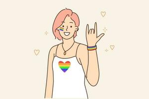 mujer desde lgbt comunidad con arco iris bandera en camiseta llamadas para participación en orgullo evento para lesbianas y Transgénero gente. niña con lgbt y lgbtq símbolos sonrisas y mira a pantalla vector