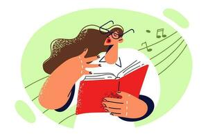 Woman vocalist holds book with notes and sings exercising vocal cords before participating in opera house concert. Girl wants to become singer and attends vocal lessons to learn sing vector