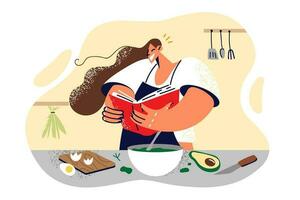 Woman is holding cookbook standing near kitchen table and preparing healthy breakfast from natural products. Girl housewife in apron learn to cook from cookbook with recipes and helpful tips vector