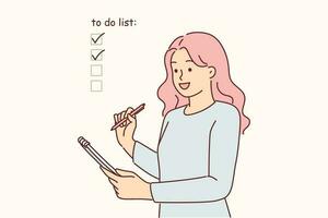 Woman fills out checklist in notebook, ticking off completed items from daily plan or shopping list. Girl uses checklist for time management and effective completion tasks to achieve success in life vector