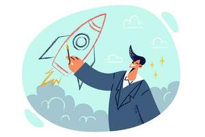 Man draws rocket flying up, symbolizing rapid career growth and launch of successful startup business. Smiling guy in formal suit dreams of new career achievements and high income. vector