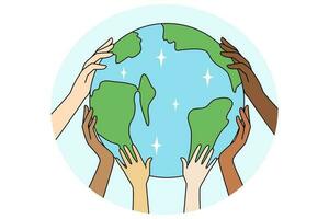 Diverse people hands holding Earth show care about environment and nature. Multiracial activists protect planet. Environmental change and safety. Vector illustration.