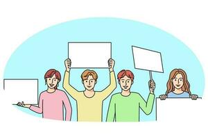 Smiling children with placards on demonstration or picket. Happy diverse kids with empty mockup banners protest together. Vector illustration.