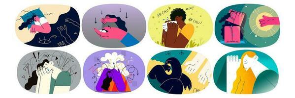 Bundle of unhappy stressed diverse women crying suffer from depression or nervous breakdown. Set of upset females distressed struggle with mental or psychological disorder. Vector illustration.