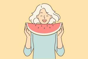 Teenage girl eats watermelon enjoying sweet taste of cold fruit that quenches thirst in hot summer weather. Child laughs and holds piece of watermelon containing vitamins for immune health vector