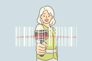 Woman uses barcode scanner to track goods in storage or transport across warehouse. Girl warehouse worker with smile holds data collection terminal for fulfillment process and preparation for delivery vector