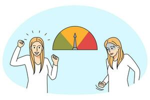 Happy and unhappy woman next to stress level scale measurement. Relaxed and distressed female suffer from burnout. Emotion control concept. Vector illustration.