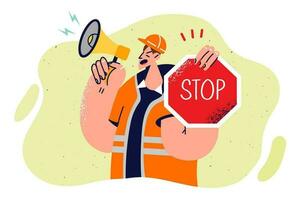 Man builder with stops sign shouts into megaphone warning people of danger due to road repair or construction. Guy road worker stops movement of cars and urges to slow down in dangerous area vector