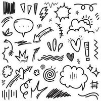 Conjunto de vectores de doodle de signo de expresión de dibujos animados dibujados a mano, flechas direccionales de curva, elementos de diseño de efectos de emoticonos, símbolos de emoción de personaje de dibujos animados, lindas líneas de trazo de pincel decorativo.