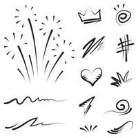 Vector set of hand-drawn cartoony expression sign doodle, curve directional arrows, emoticon effects design elements, cartoon character emotion symbols, cute decorative brush stroke lines.