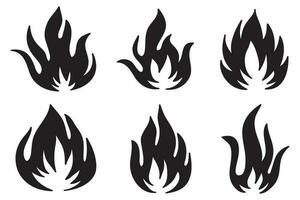 iconos de fuego dibujados a mano. conjunto de vectores de iconos de llamas de fuego. fuego de boceto de garabato dibujado a mano, dibujo en blanco y negro. símbolo de fuego simple.