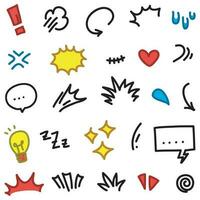 Vector set of hand-drawn cartoony expression sign doodle, curve directional arrows, emoticon effects design elements, cartoon character emotion symbols, cute decorative brush stroke lines.