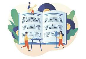 Tiny musicians with big music notebook, microphone, guitar, keyboard. Music and vocal lessons. Online education. Modern flat cartoon style. Vector illustration on white background