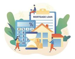 Mortgage loan. Tiny people buying home and pay credit to bank. Investment money in real estate property. House concept. Modern flat cartoon style. Vector illustration on white background