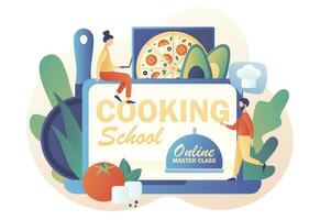 Tiny people with kitchen tools and foods learns to cook in culinary online master class. Cooking school - text on laptop screen. Modern flat cartoon style. Vector illustration on white background