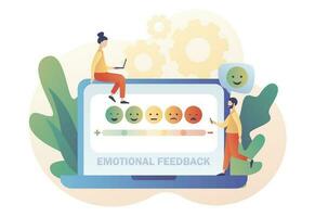 Emotions scale on laptop screen. Tiny people leave feedback online. Emoji set for mood tracker. Mood concept. Excellent, good and normal, bad and awful. Modern flat cartoon style. Vector illustration