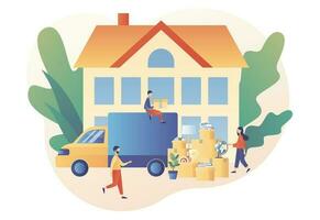 Moving concept. Transporting things and objects in the truck. Tiny people moved to new home. Cardboard boxes with various things. Modern flat cartoon style. Vector illustration on white background