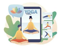 Tiny people watching online classes, practicing hatha yoga, meditation with smartphone app. Yoga online. Stay home concept. Modern flat cartoon style. Vector illustration on white background