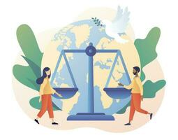 World Social justice day. Human rights concept. Tiny people for tolerance and respect.Scales as symbol of equality, freedom and love. Modern flat cartoon style. Vector illustration on white background