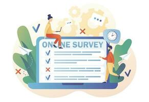 Tiny people filling online survey form on laptop. Online survey concept. Feedback service. Internet surveying, questionnaire, customers voting. Modern flat cartoon style. Vector illustration
