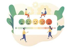 Emotions scale with arrow from green to red. Emoji set for mood tracker. Excellent, good and normal, bad and awful. Tiny people leave feedback. Modern flat cartoon style. Vector illustration