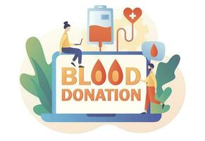 Blood donation - text on laptop screen. Blood test or analysis. Tiny volunteers with nurses donating blood in hospital. Health care. Modern flat cartoon style. Vector illustration on white background