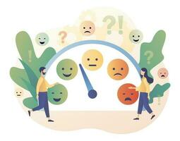 Emotions scale. Mood concept. Excellent, good and normal, bad and awful. Tiny people leave feedback. Emoji set for mood tracker. Modern flat cartoon style. Vector illustration on white background