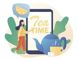 Tea time - text on smartphone screen. Tiny people drinking tea. Hot drinks party online. Kettle, cup, lemon slice and sugar cubes. Modern flat cartoon style. Vector illustration on white background