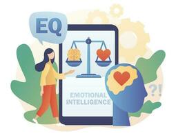 Emotional intelligence. Online EQ test in app. Heart and brain on balanced scale symbol. Tiny woman exploring inner personality. Love, mind, logical. Modern flat cartoon style. Vector illustration