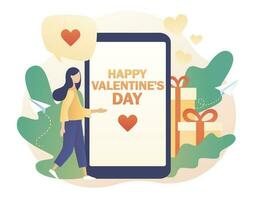 Happy Valentines day - text on smartphone screen. Romantic relations and date. Tiny people in love greet each other. Modern flat cartoon style. Vector illustration on white background