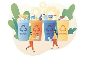 Tiny people sorting garbage waste, paper, glass, plastic, organic in containers for recycling and reuse. Recycling garbage. Zero waste concept. Modern flat cartoon style. Vector illustration