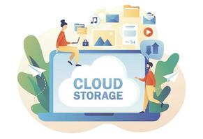 Cloud storage online. Tiny people place data, music, photo, video in big cloud server. Cloud computing services. Data processing. Modern flat cartoon style. Vector illustration on white background