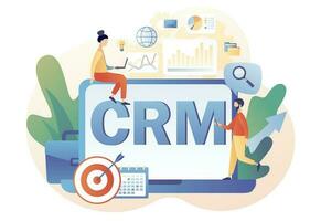 Customer relationship management concept. CRM - text on laptop screen. Business strategy. Tiny businessman perform data analysis. Modern flat cartoon style. Vector illustration on white background