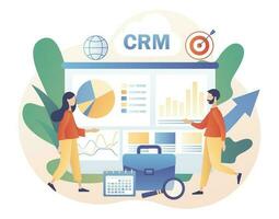 Customer relationship management concept. Business strategy. CRM solution. Tiny businessman perform data analysis. Modern flat cartoon style. Vector illustration on white background