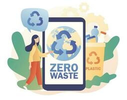 Zero waste - text on smartphone screen. Recycling garbage. Tiny woman sorting garbage waste in containers for recycling and reuse. Modern flat cartoon style. Vector illustration on white background