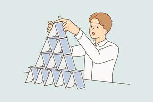 Concentrated man makes pyramid of playing cards symbolizing fragile business structure and unsustainable strategy for development of company. Concept construction of financial pyramids blaming fraud vector