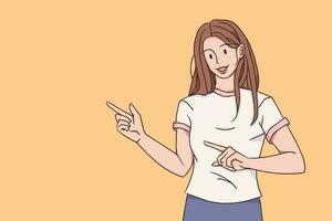 promoción y atención concepto. joven bonito sonriente morena mujer dibujos animados personaje en pie y señalando aparte con dedos sensación satisfecho vector ilustración