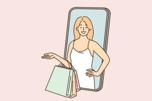 Woman with shopping bags peeking from phone screen recommending using mobile app for online shopping. Girl ordering clothes through website of trading house or boutique in smartphone vector